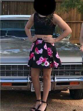 B Darlin Black Sequin Top and Circle Skirt with Pink Floral Print Size 5/6